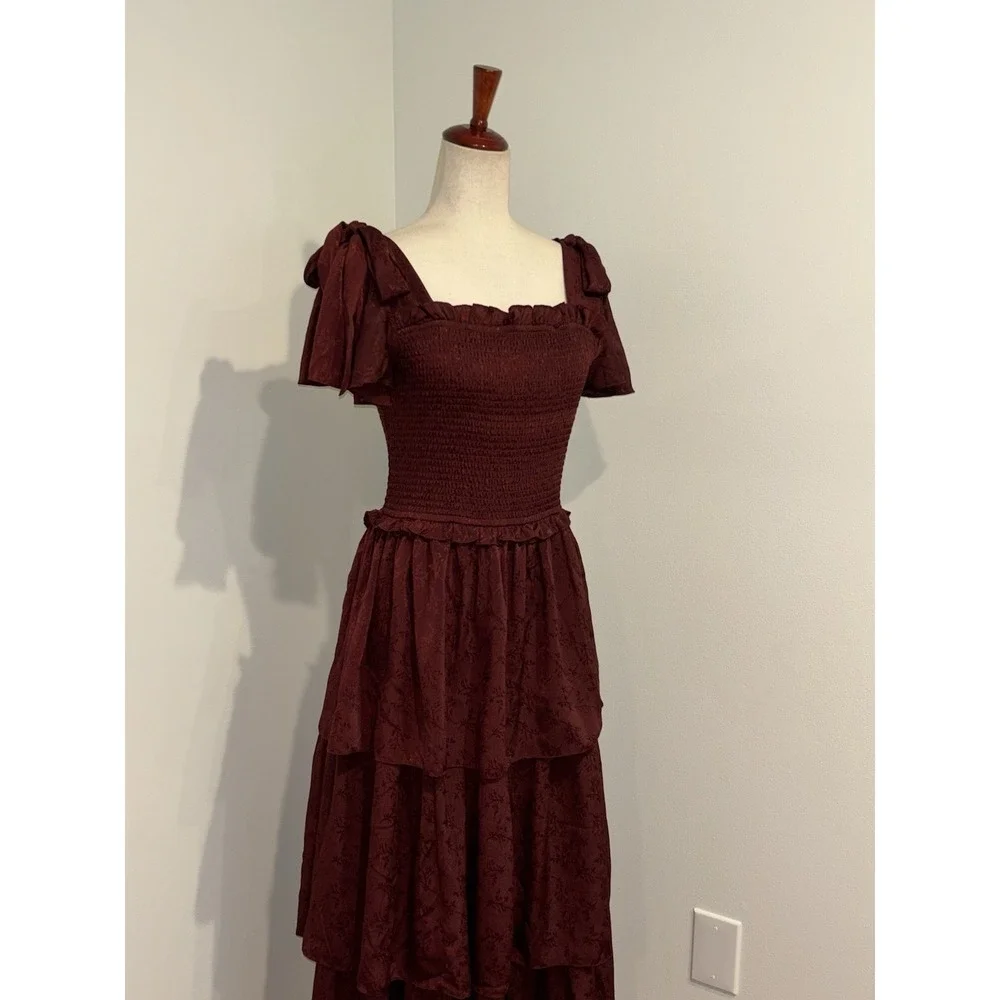 Ivy City Co Alana Tiered Smocked Burgundy Wine Size Medium Cottagecore Maxi - Picture 8 of 10